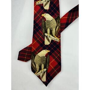 Harken Vintage Silk Tie Plaid Red Black Yellow Eagles EAE Hand Printed Italy
